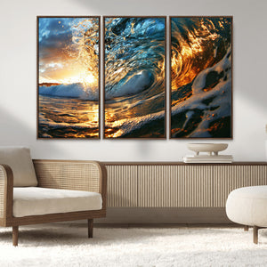 Ocean Wave at Sunset Canvas Wall Art – Vibrant Coastal Beach