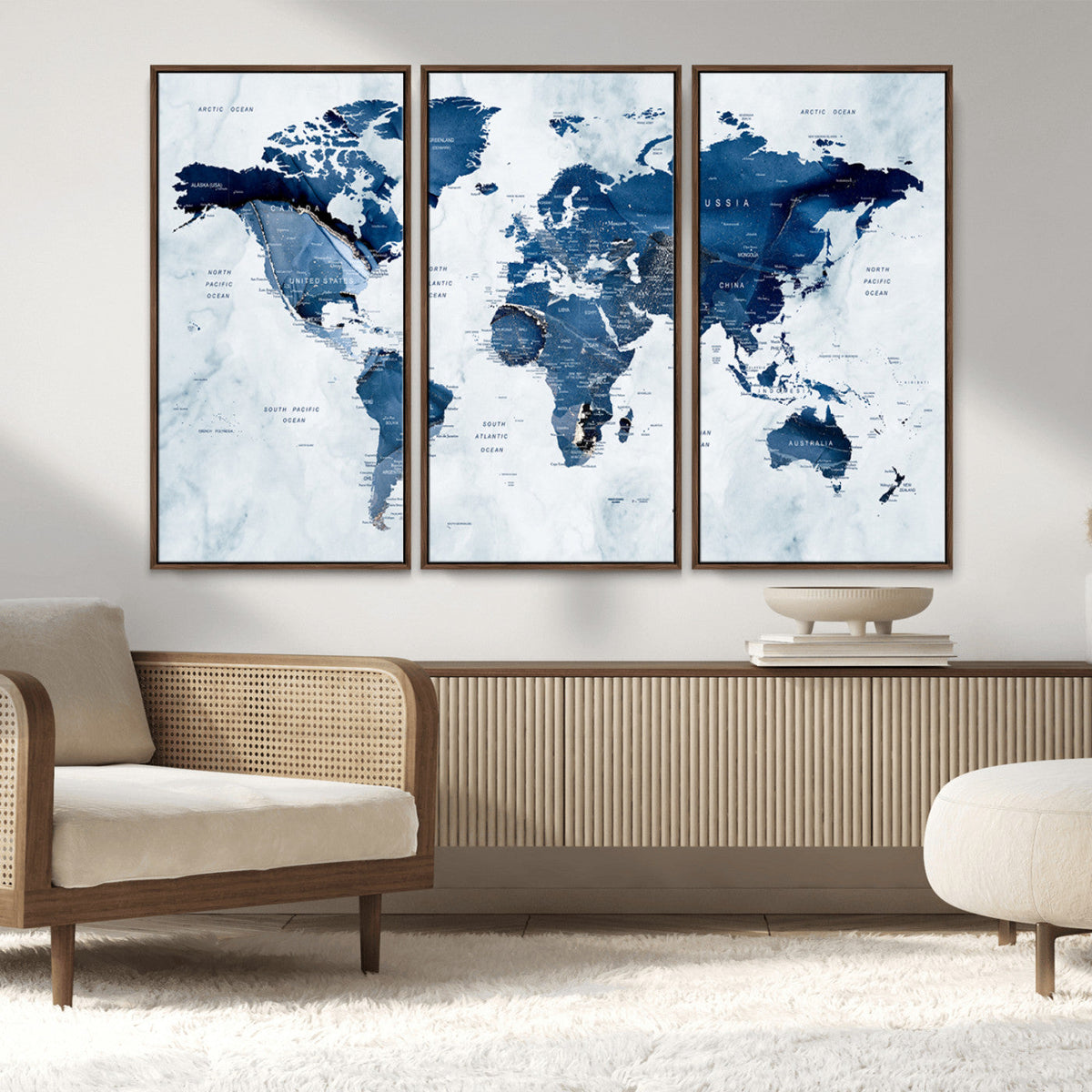 Modern Blue World Map Canvas Print – Framed Wall Art,