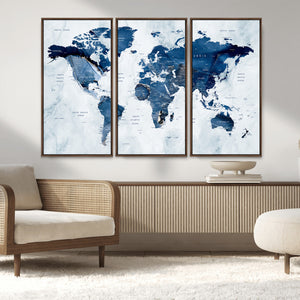 Modern Blue World Map Canvas Print – Framed Wall Art,
