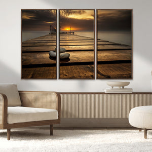 Stones on Wooden Pier at Sunset Canvas Print, Serene Coastal