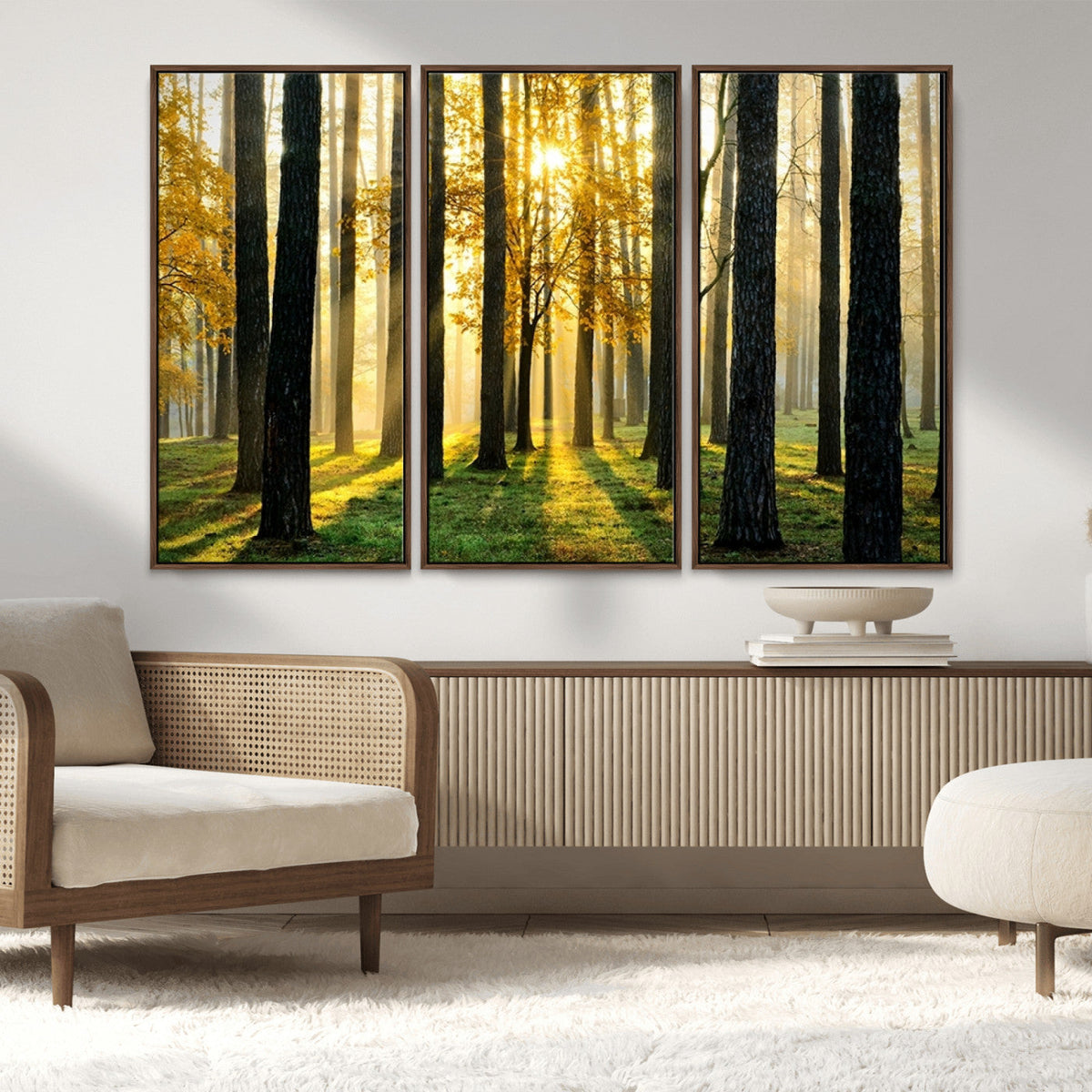 Sunlit Forest Wall Art Canvas Print – Large Framed Woodland
