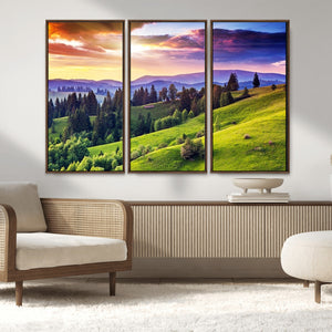 Green Hills and Sunset Wall Art Print - Scenic Landscape