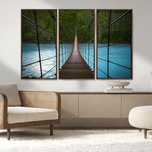 Suspension Bridge Over River Canvas Art | 3-Panel Nature