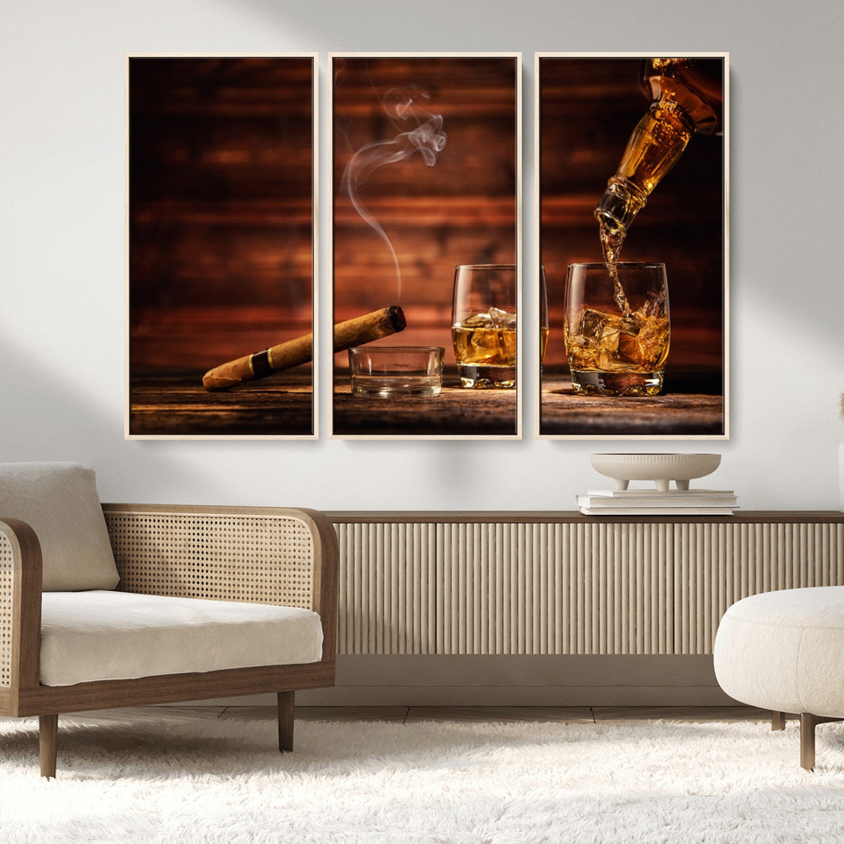 Whiskey and Cigar Wall Art Canvas | 3 Panel Bar Room Decor