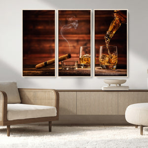 Whiskey and Cigar Wall Art Canvas | 3 Panel Bar Room Decor