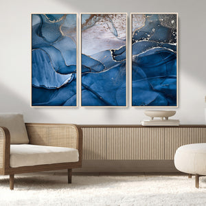 Navy Blue Canvas Art Abstract Print – Elegant Triptych