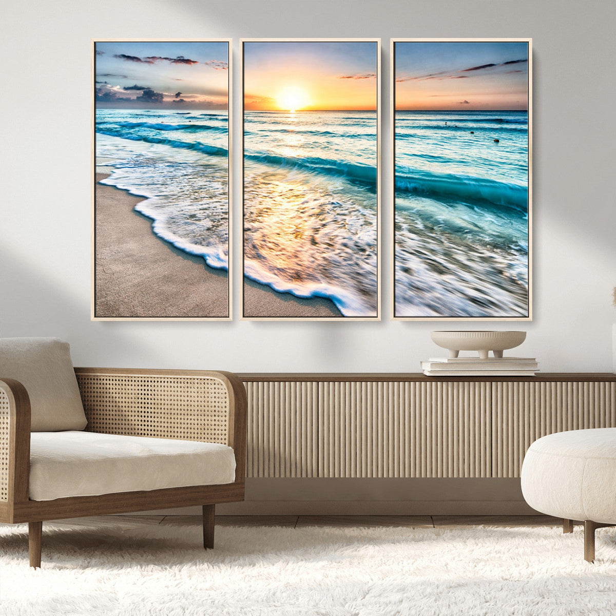 Sunset Beach Waves Canvas Wall Art – 5-Panel Ocean Sunset