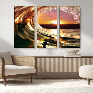 Golden Wave Sunset Triptych Canvas Art, Giclee Canvas Print