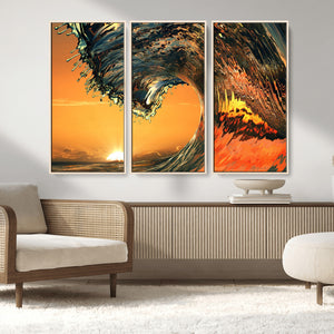 Surf Wave Sunset Canvas Wall Art Print, 3-Panel Ocean