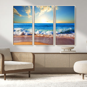 Tropical Beach Sunset Canvas Art, Ocean Waves and Sandy