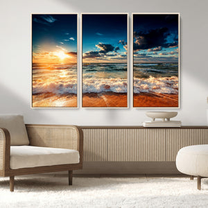 Golden Hour Sunset Over Ocean Waves Wall Art Canvas Print |