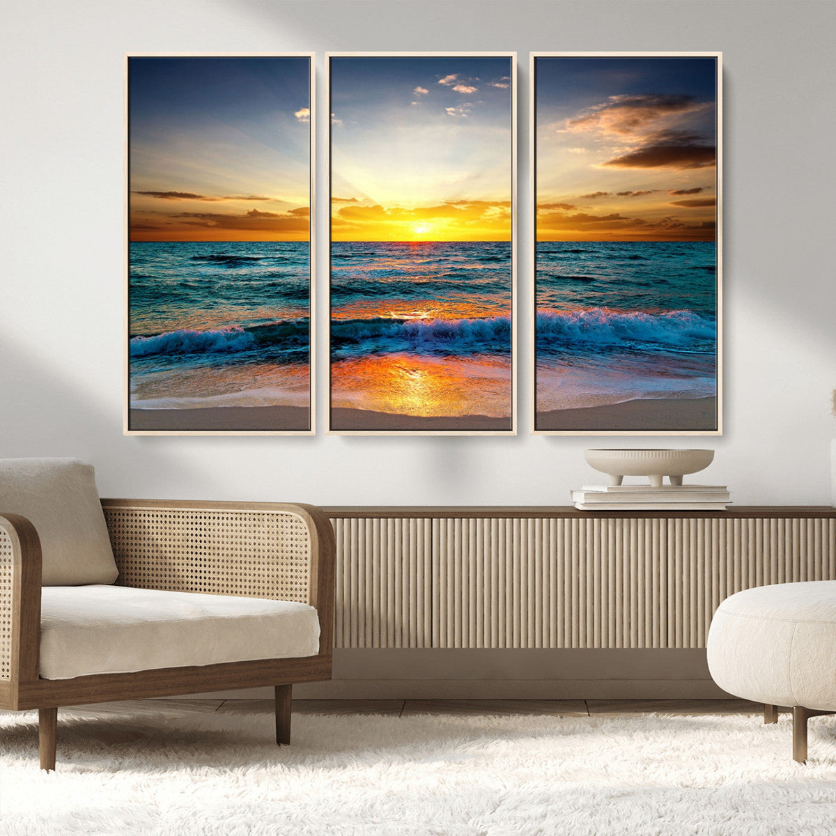 Vibrant Ocean Sunrise Over Golden Beach Waves, Giclee Canvas