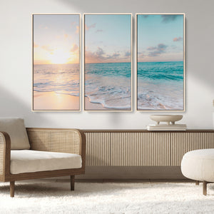 Tranquil Ocean Beach Sunset Canvas Wall Art | 3-Panel
