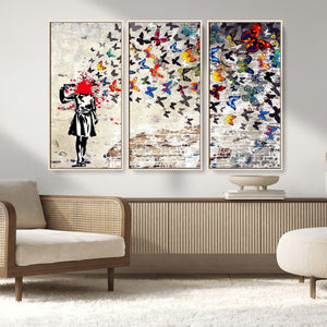 Banksy Art Butterfly Girl Explosion Canvas Art – Vibrant