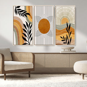 Modern Boho Sun and Leaf Abstract Art – 3-Panel Giclée