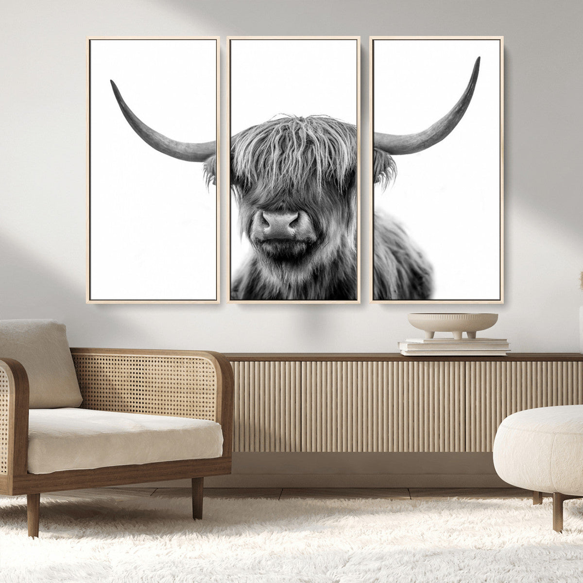 Grayscale Scottish Highland Cow Cattle Art Print Farmhouse