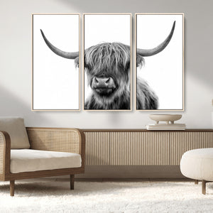 Grayscale Scottish Highland Cow Cattle Art Print Farmhouse