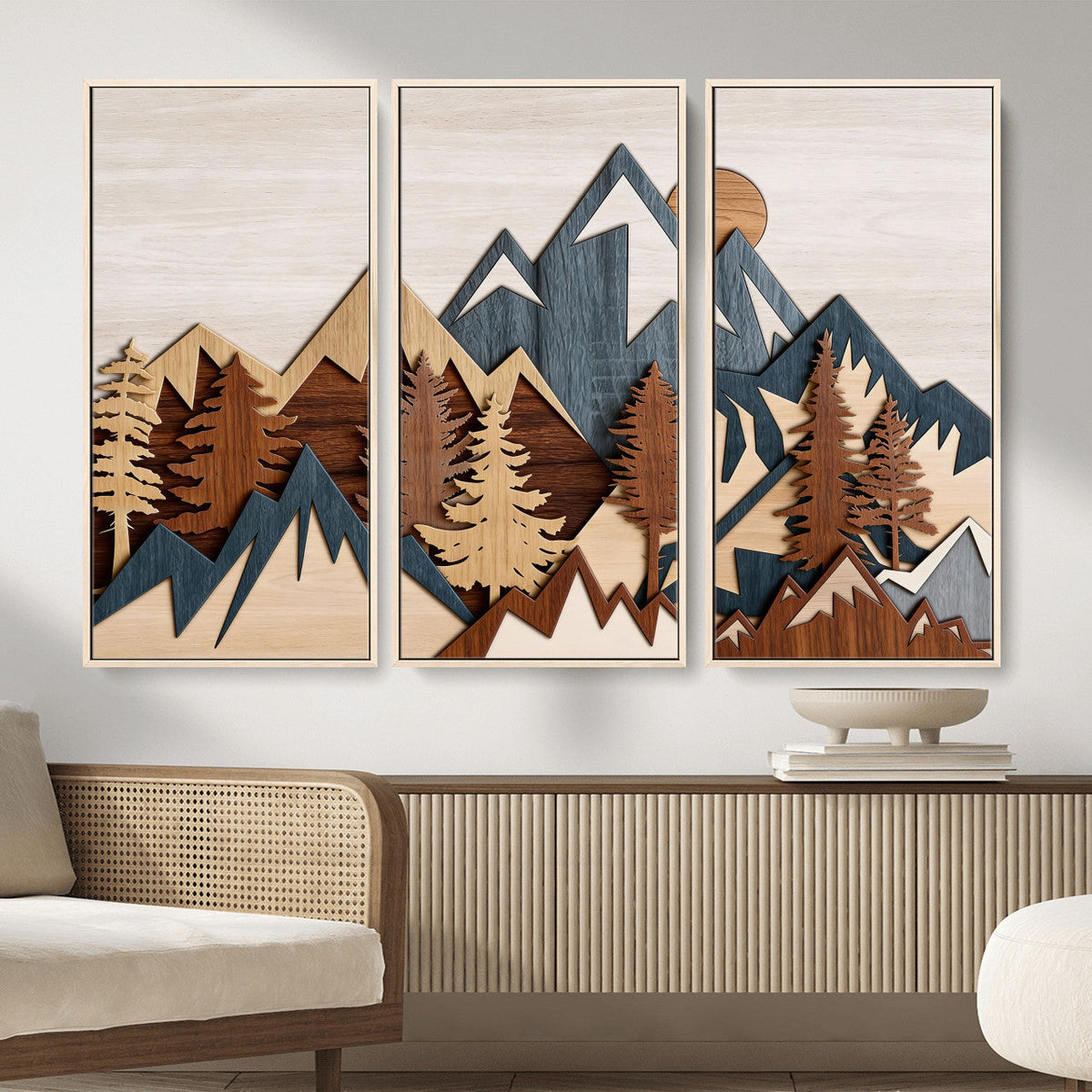 Rustic Abstract Wood Panel Effect Canvas Mountain Range Top