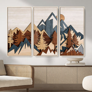 Rustic Abstract Wood Panel Effect Canvas Mountain Range Top