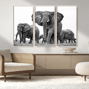Black White Elephant Family Wall Art Canvas Print