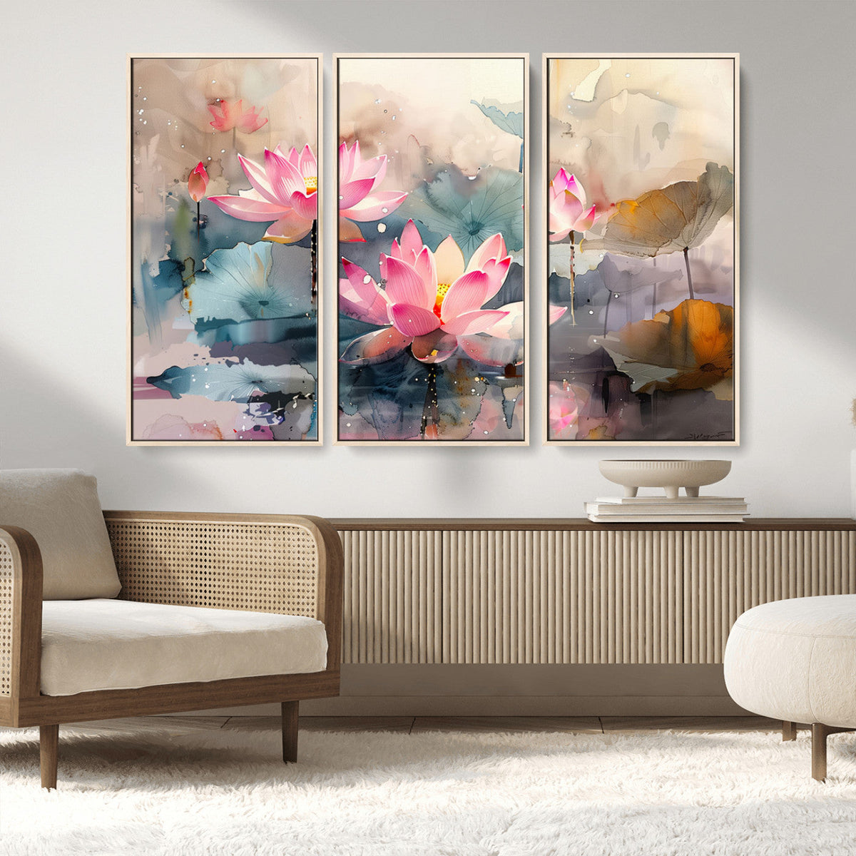 Lotus Flower Wall Art | 3-Panel Giclee Canvas Print of Pink