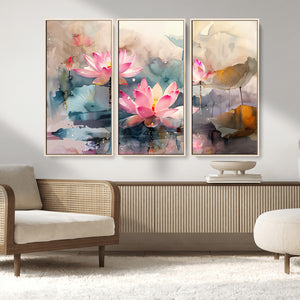 Lotus Flower Wall Art | 3-Panel Giclee Canvas Print of Pink