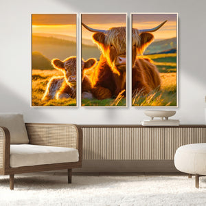 Scottish Cow and Baby Cow Canvas Wall Art Animal Print