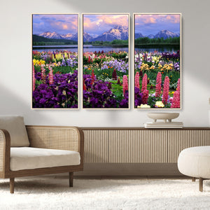 Vibrant Wildflower Garden and Mountain View Giclee Canvas