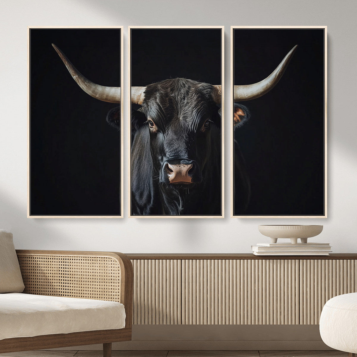 Majestic Longhorn Bull Wall Art Canvas Print – Dark