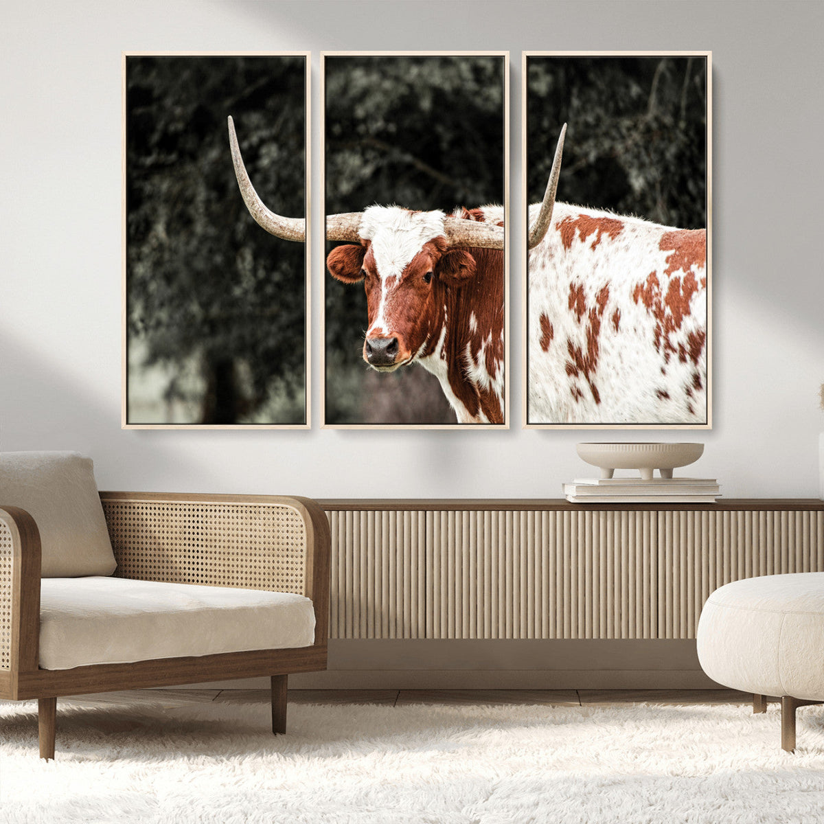Texas Longhorn Wall Art Canvas Print – Framed Spotted Bull