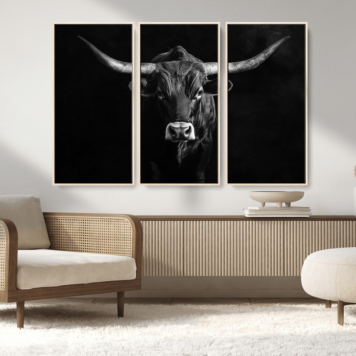 Texas Longhorn Wall Art Canvas Print – Framed Monochrome