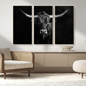 Texas Longhorn Wall Art Canvas Print – Framed Monochrome