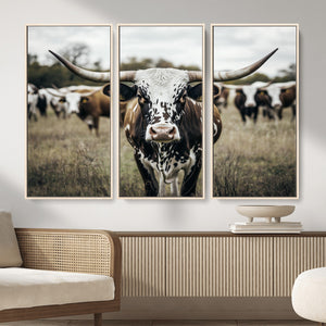 Texas Longhorn Wall Art – Framed Speckled Cow Canvas