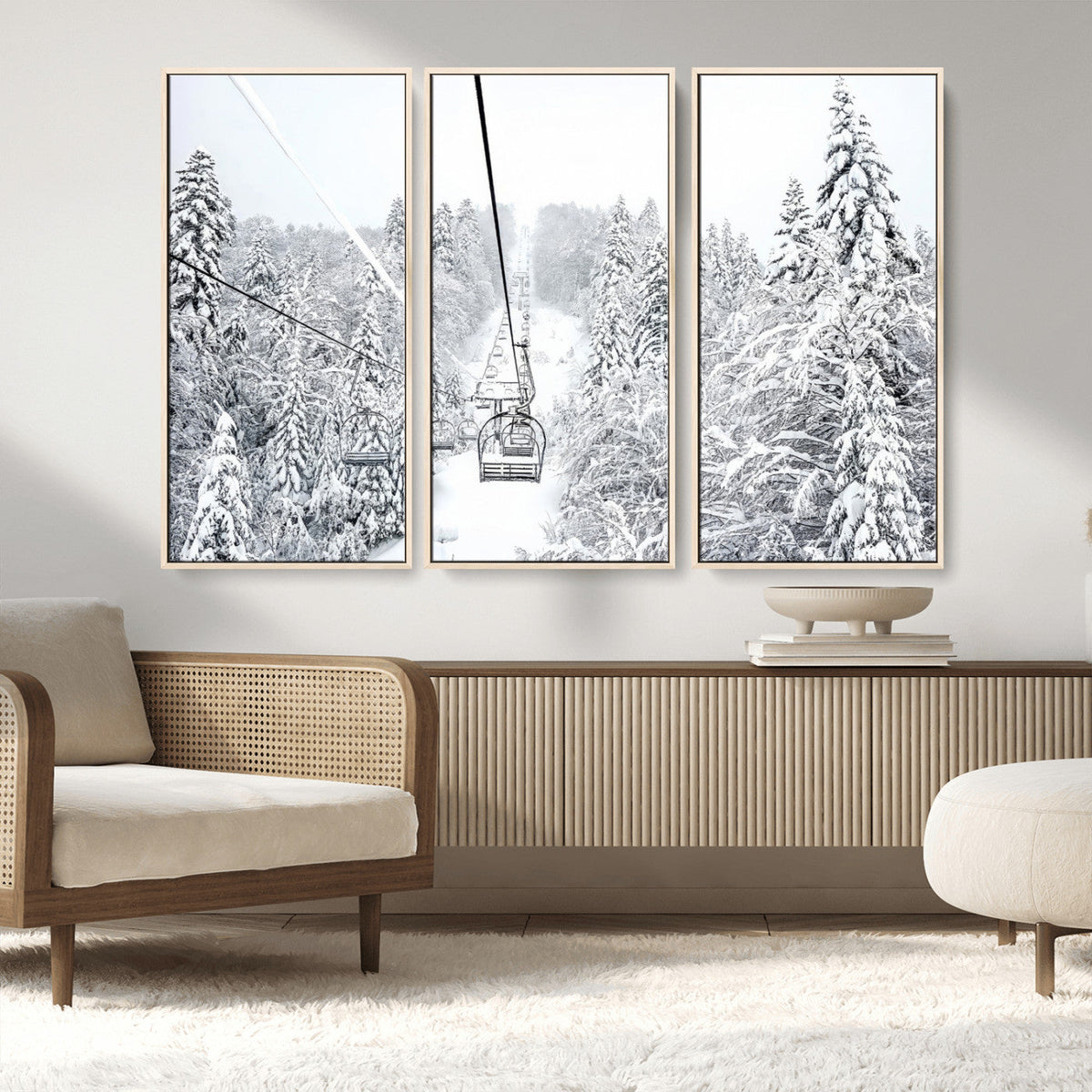 Snowy Ski Lift Wall Art – Framed Winter Mountain Canvas
