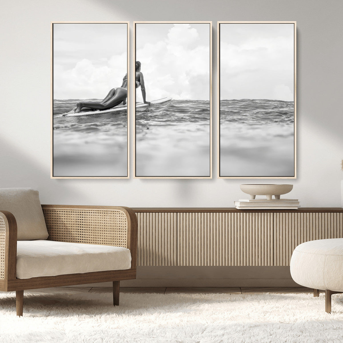 Black and White Surfing Wall Art Canvas Print – Framed Ocean