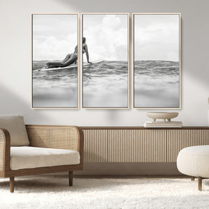 Black and White Surfing Wall Art Canvas Print – Framed Ocean