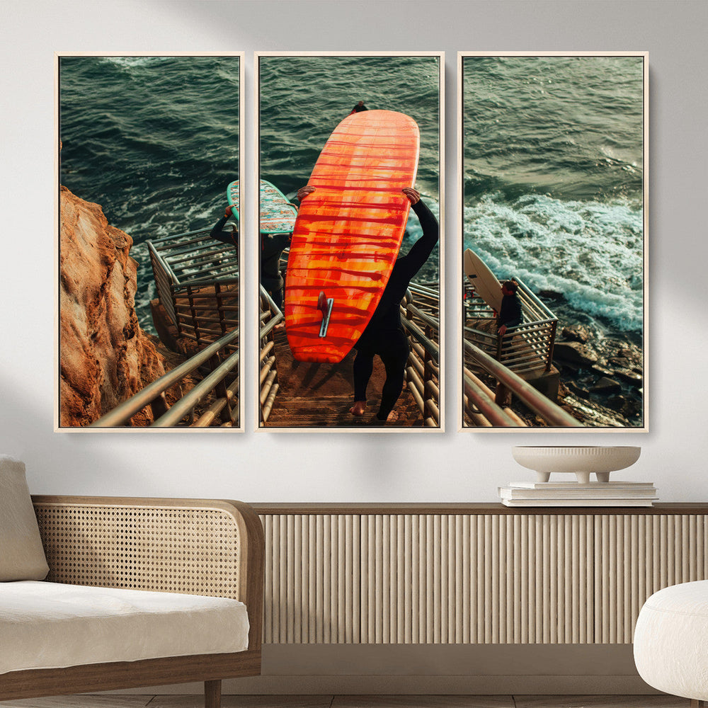 Surfer Stairway Wall Art – Framed Ocean Surf Canvas Artwork,