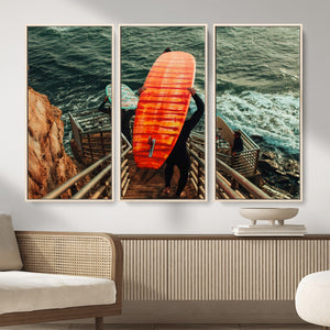 Surfer Stairway Wall Art – Framed Ocean Surf Canvas Artwork,