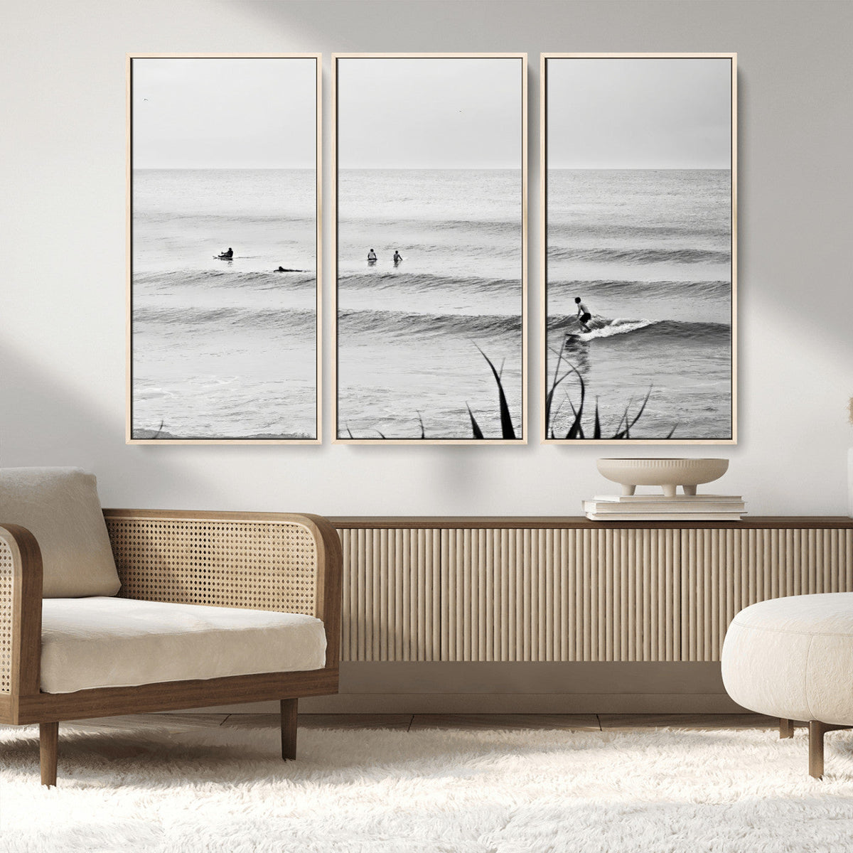 Surfer Silhouette Wall Art – Framed Calm Ocean Canvas