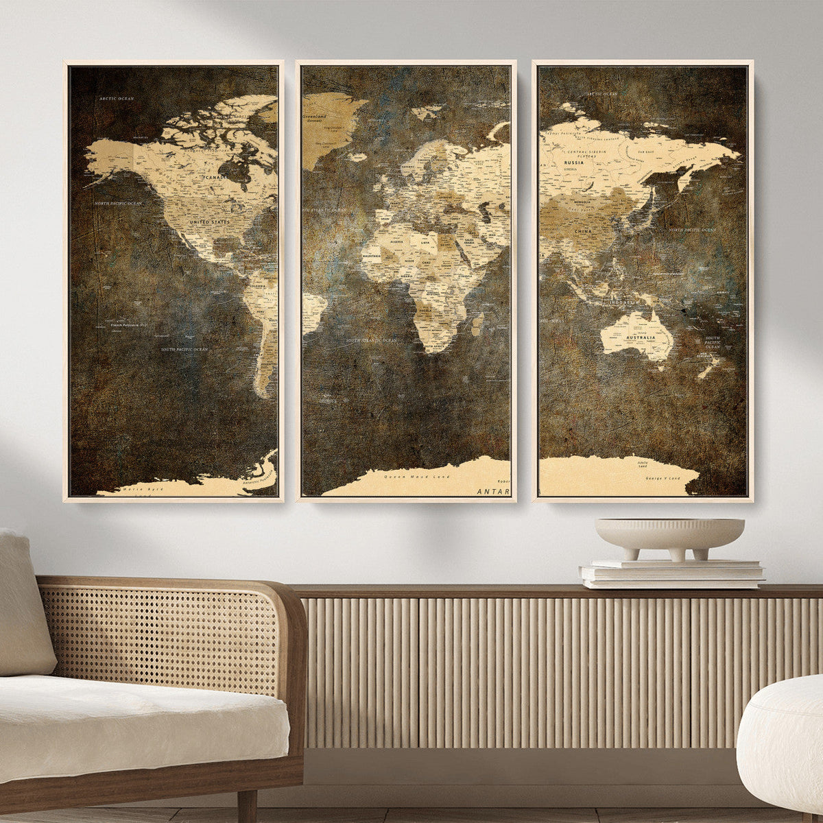 Large Framed Vintage World Map Wall Art Print for Home Wall