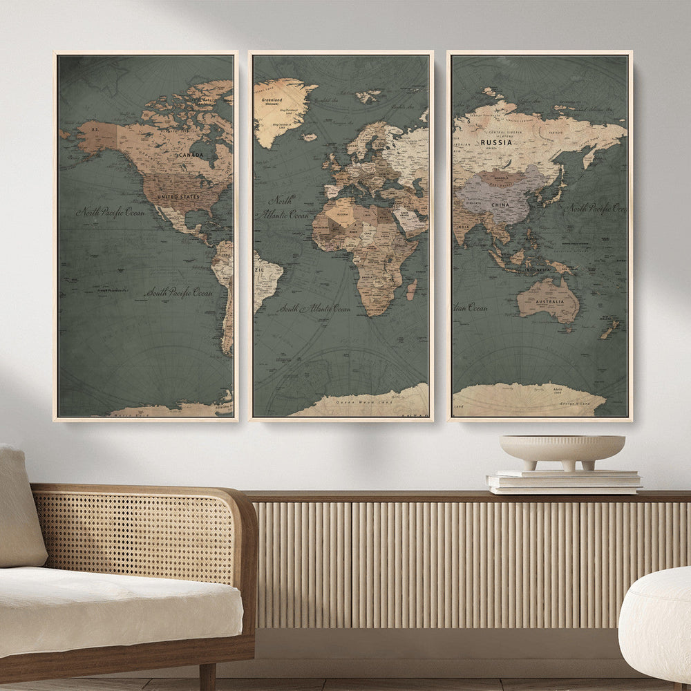 Rustic Black and Wood World Map Canvas Wall Art – Framed