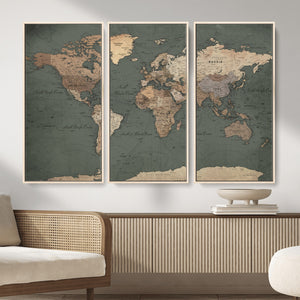 Rustic Black and Wood World Map Canvas Wall Art – Framed
