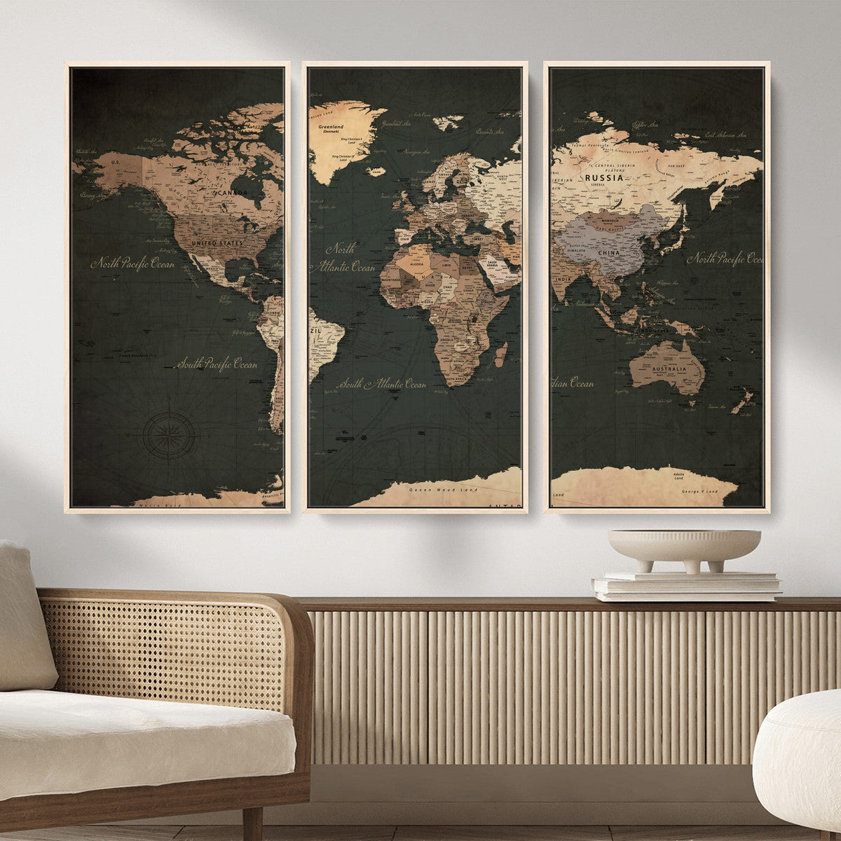 Vintage World Map Canvas Wall Art – Framed Travel Map for