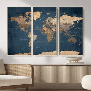 Navy Blue World Map Canvas Print – Framed Travel Map Wall