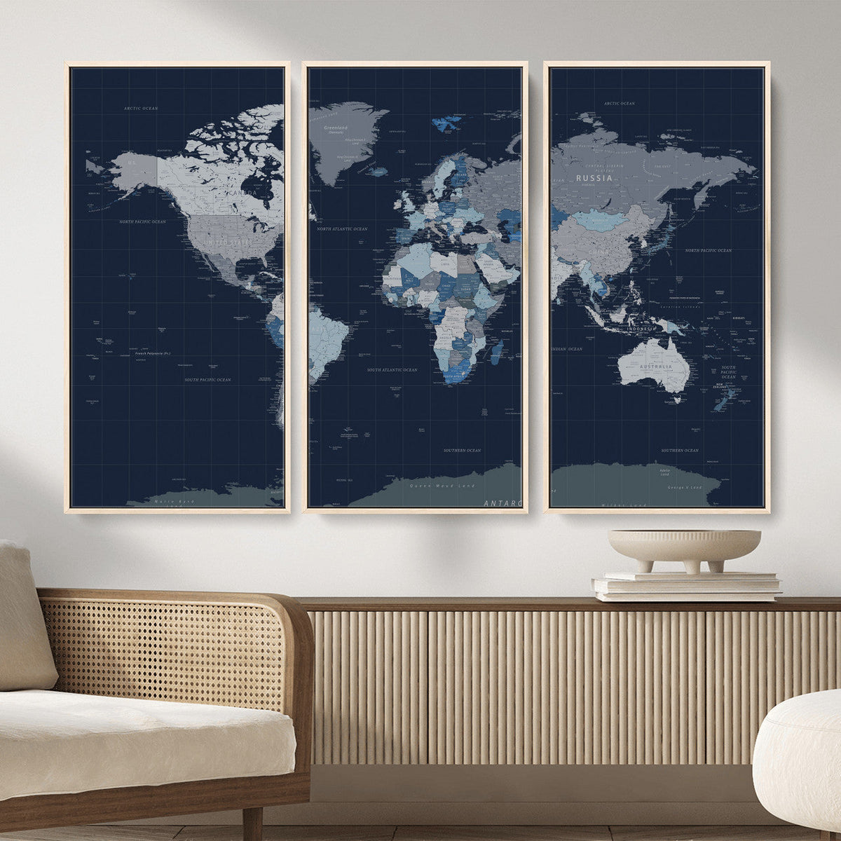 Blue Detailed World Map Wall Art Canvas Print, Modern Framed