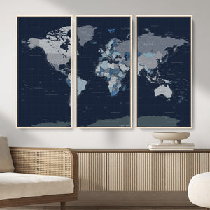 Blue Detailed World Map Wall Art Canvas Print, Modern Framed