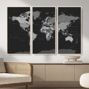 Black World Map Wall Art Canvas Print – Detailed Map of the