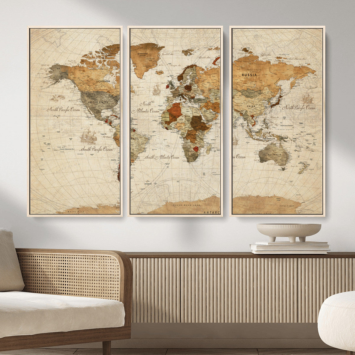 Rustic Vintage World Map Canvas Print – Framed Modern