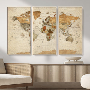 Rustic Vintage World Map Canvas Print – Framed Modern