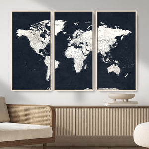 Black World Map Wall Art Canvas Print for Home Office and